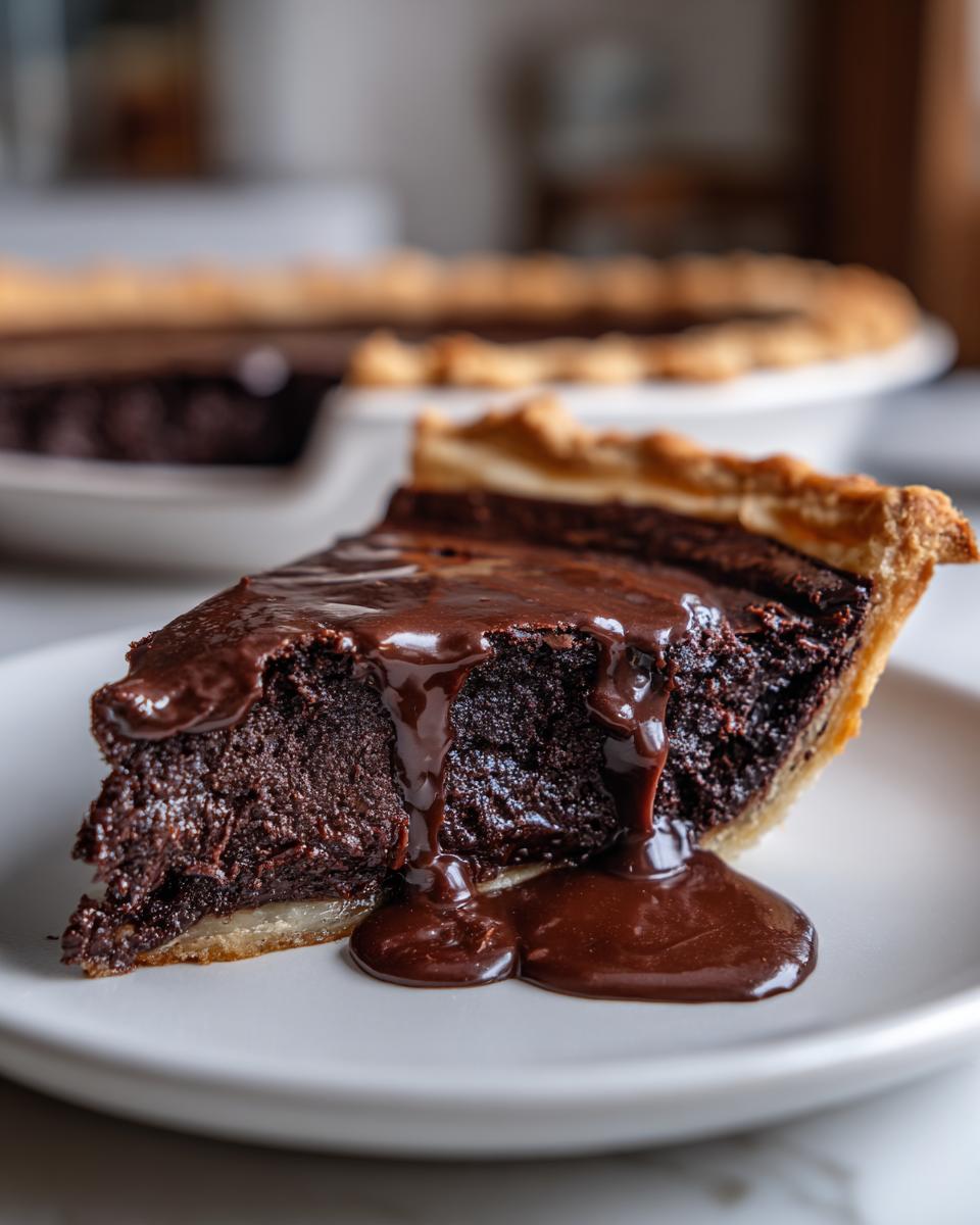 Close-up of a rich slice of hot fudge pie with a gooey chocolate sauce dripping down the side onto a white plate.