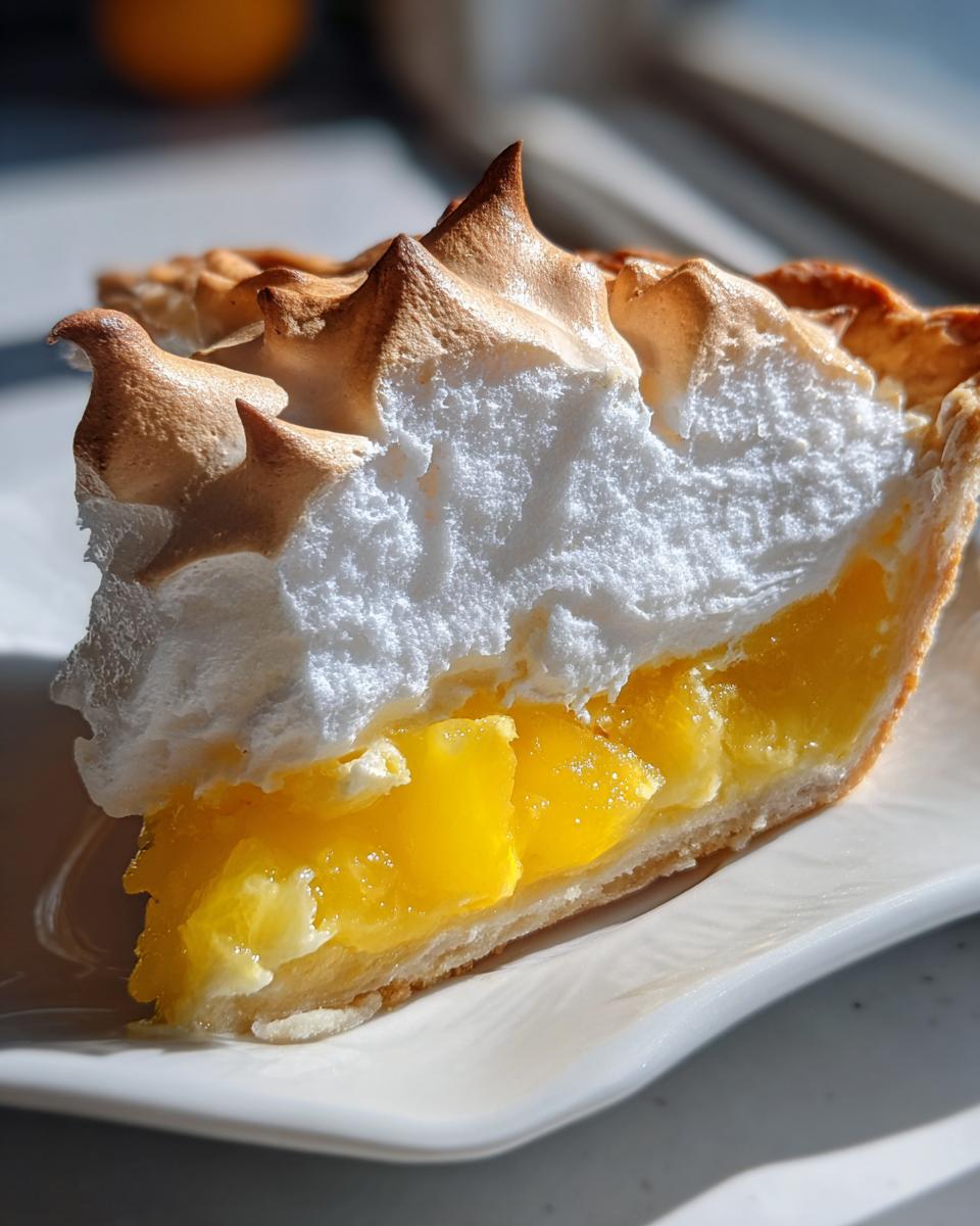 Close-up of a slice of lemon meringue pie showing bright yellow filling and fluffy, torched meringue peaks.