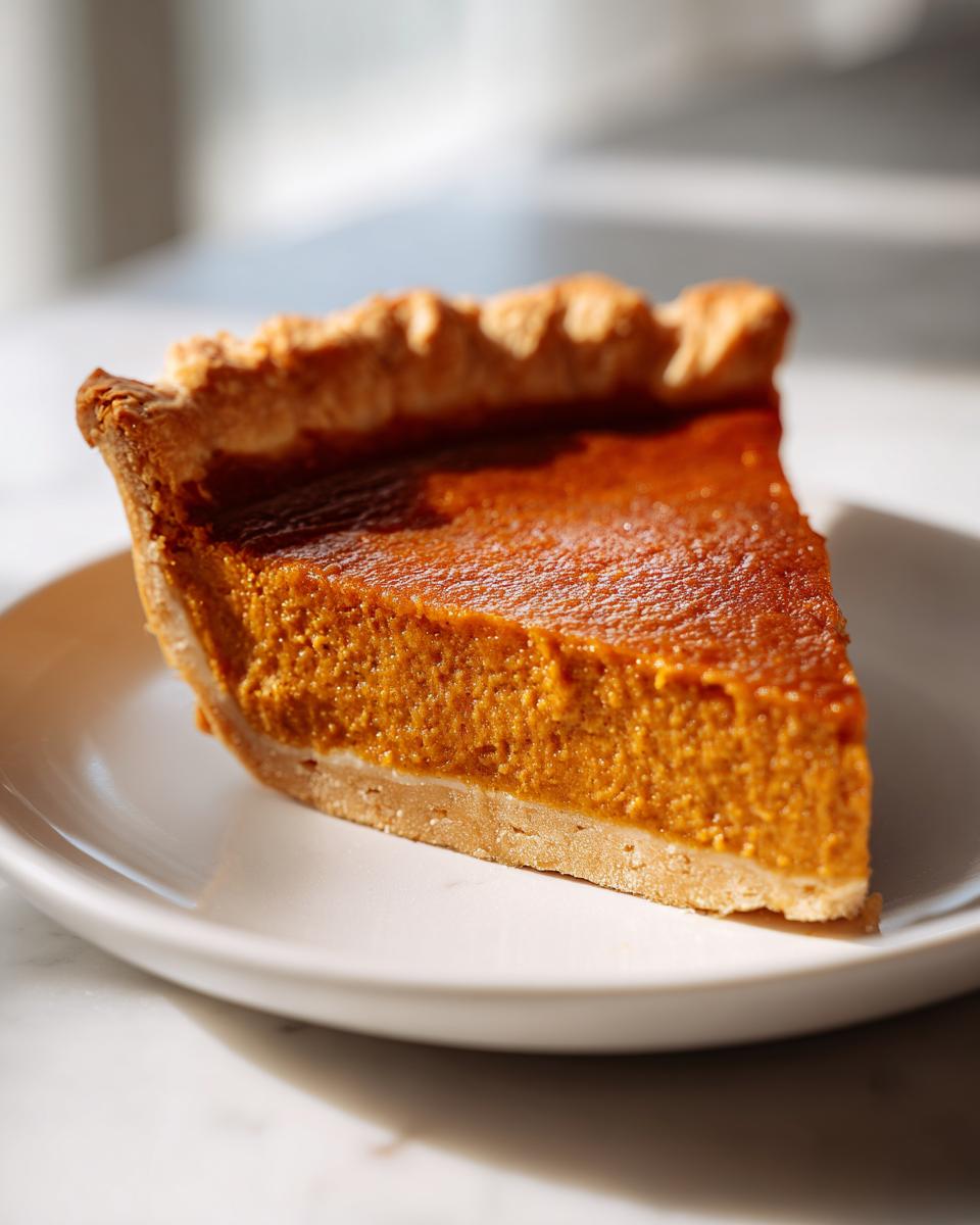 Close-up of a perfect slice of orange vegan pumpkin pie with a flaky crust on a white plate.