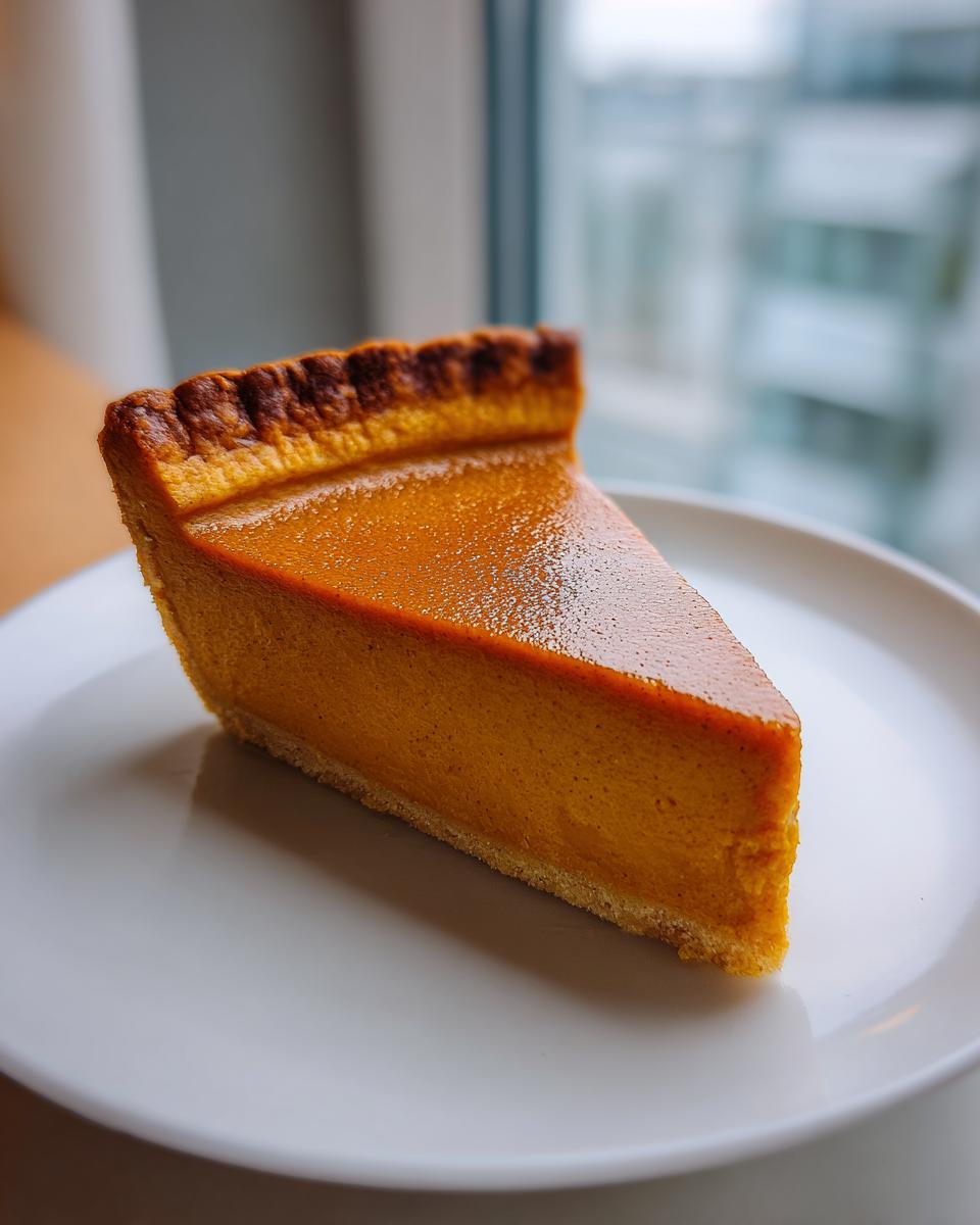 A perfect slice of rich orange vegan pumpkin pie resting on a white plate near a window.