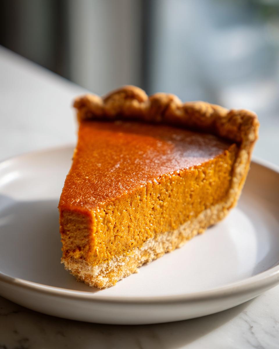 A close-up shot of a perfectly set slice of vegan pumpkin pie on a light plate.