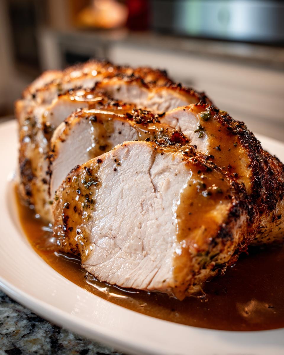Close-up of a juicy, sliced Instant Pot turkey breast covered in savory brown gravy and herbs.