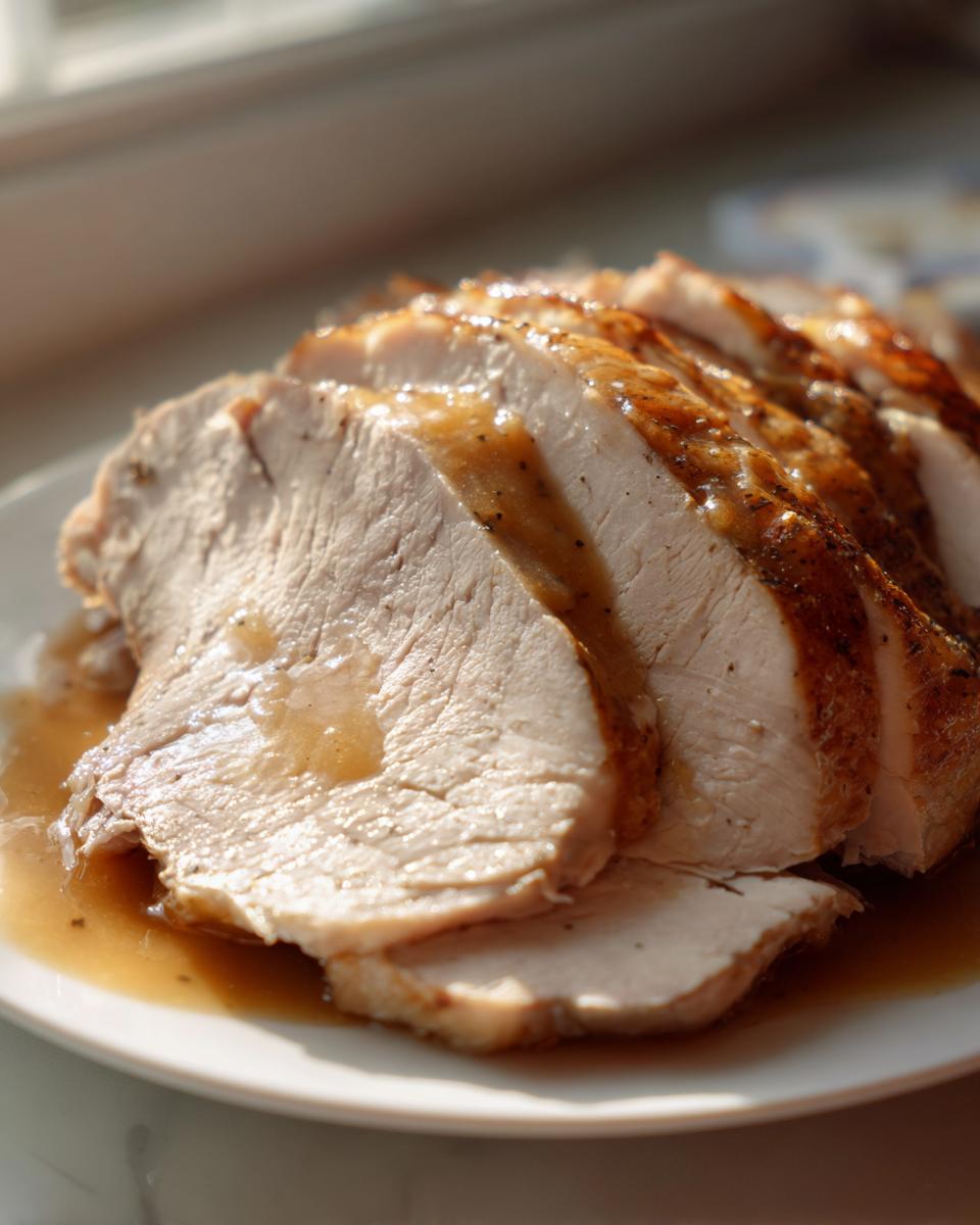 Close-up of perfectly sliced Instant Pot turkey breast drizzled with savory brown gravy on a white plate.