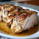 Close-up of sliced instant pot turkey breast, showing moist white meat and a browned, herbed crust sitting in pan juices.