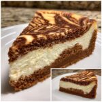 Close-up of a rich slice of snickerdoodle cheesecake featuring a creamy white center and a marbled chocolate top layer.