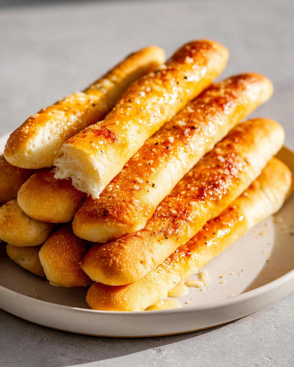 A close-up stack of soft, golden brown breadsticks brushed with garlic butter and sprinkled with cheese.