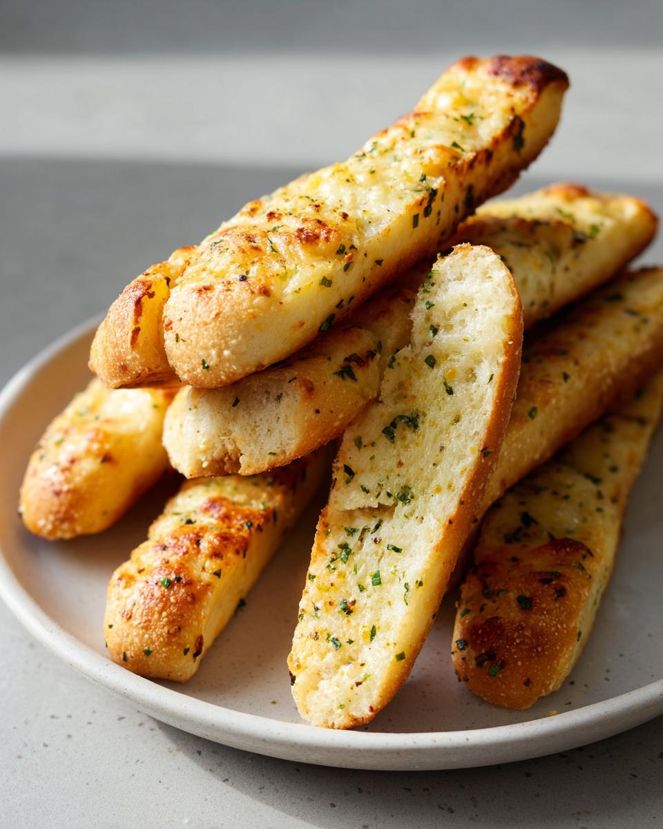A stack of golden, soft breadsticks topped with melted cheese and green herbs, served on a light plate.