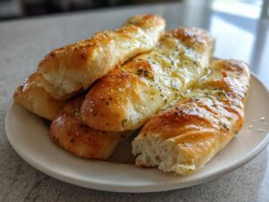 A stack of freshly baked, soft breadsticks brushed with melted butter, garlic, and herbs, resting on a light-colored plate.