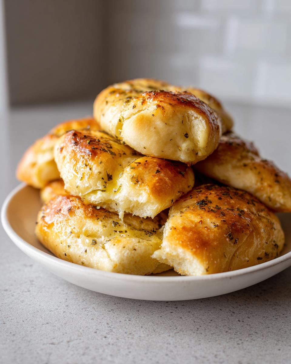 A close-up stack of soft, golden-brown breadsticks brushed with garlic butter and herbs.