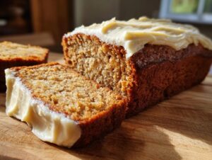 A close-up of a moist sourdough banana cake, frosted with a creamy topping and sliced on a wooden board.