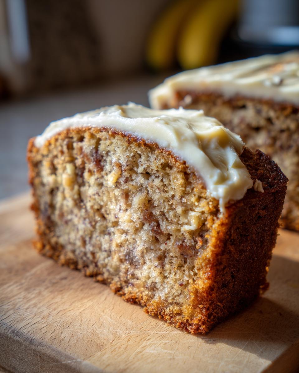 A close-up of a moist slice of sourdough banana cake topped with creamy frosting.