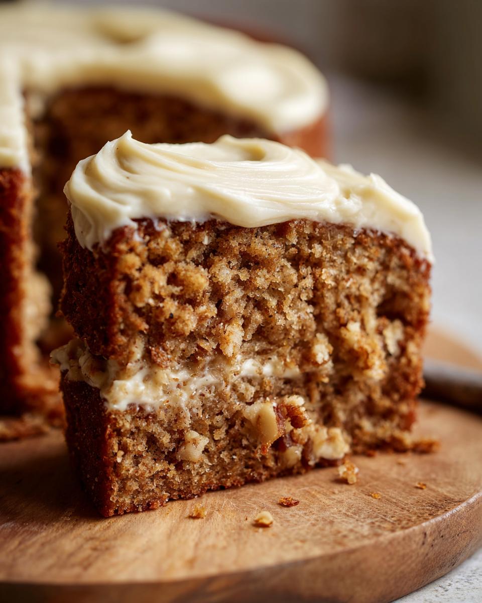A close-up of a slice of moist sourdough banana cake with creamy frosting and visible nuts.