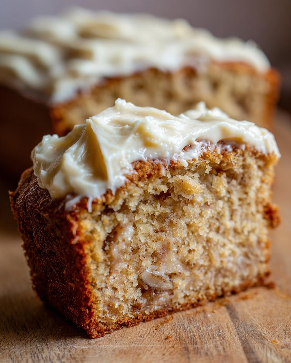 Close-up of a slice of sourdough banana cake topped with creamy frosting, showing the tender crumb and banana pieces.