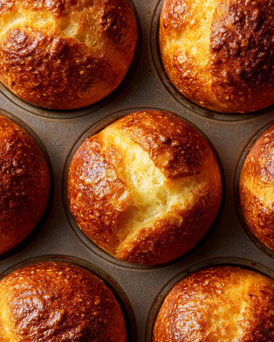 Close-up overhead shot of golden-brown sourdough brioche rolls baked in a muffin tin.