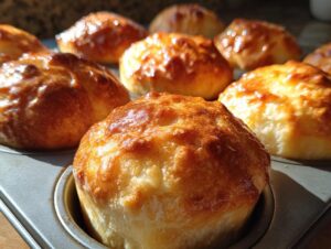 Close-up of golden-brown sourdough brioche rolls baked in a muffin tin, with a glossy sheen.