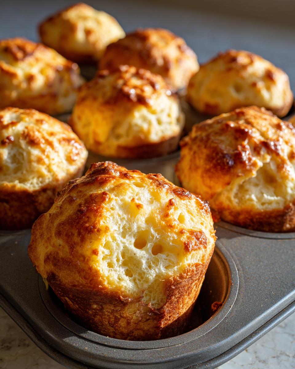 Close-up of golden-brown sourdough brioche rolls baked in a muffin tin, showing their fluffy interior.