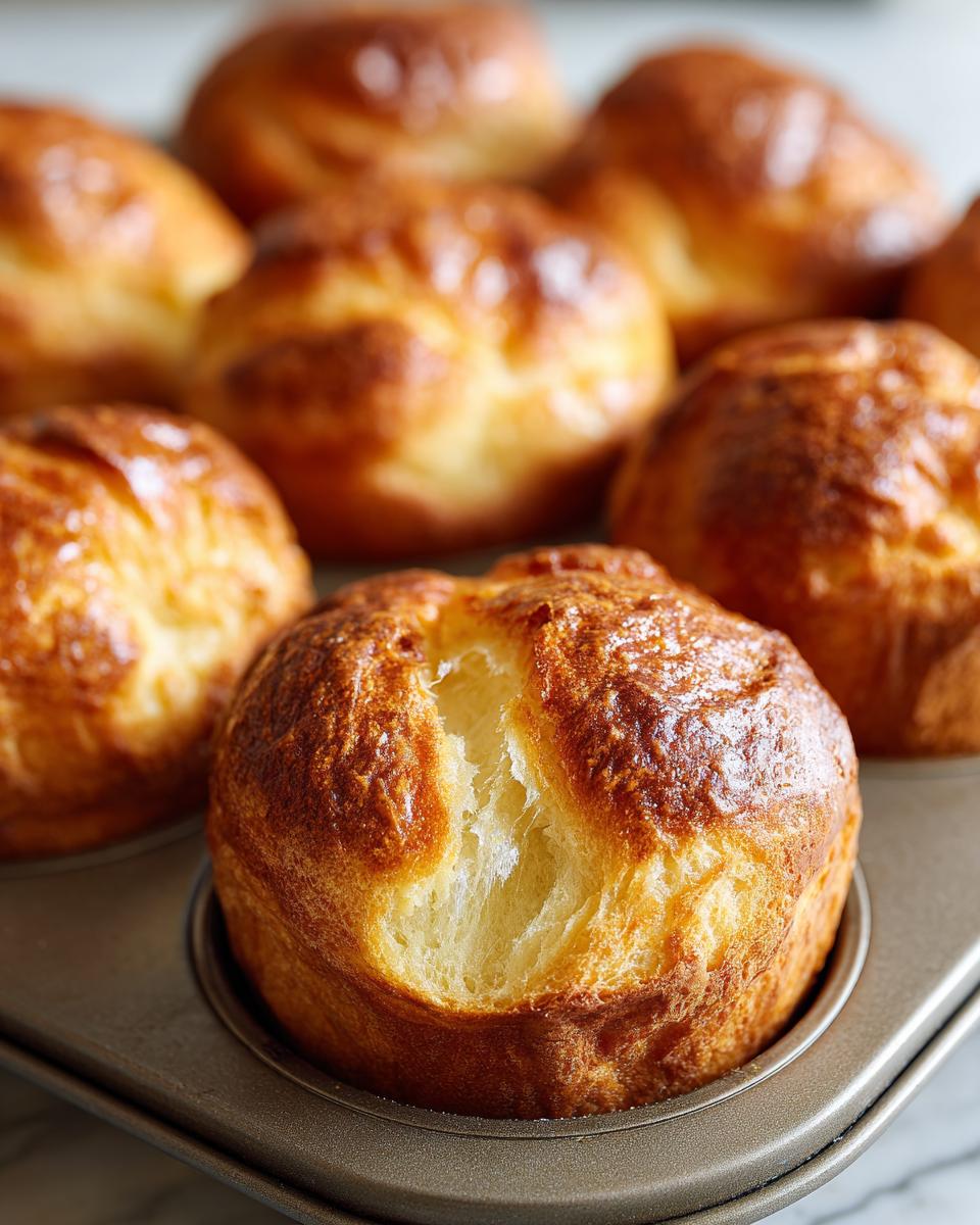 Close-up of golden-brown sourdough brioche rolls baked in a muffin tin, one roll is torn open revealing a fluffy interior.