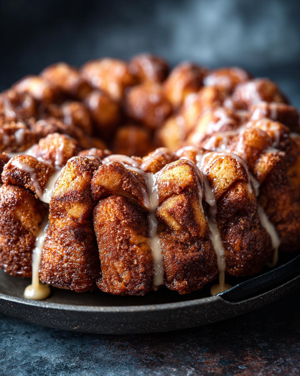 A close-up of Sourdough Discard Monkey Bread drizzled with a creamy glaze, baked in a bundt pan.