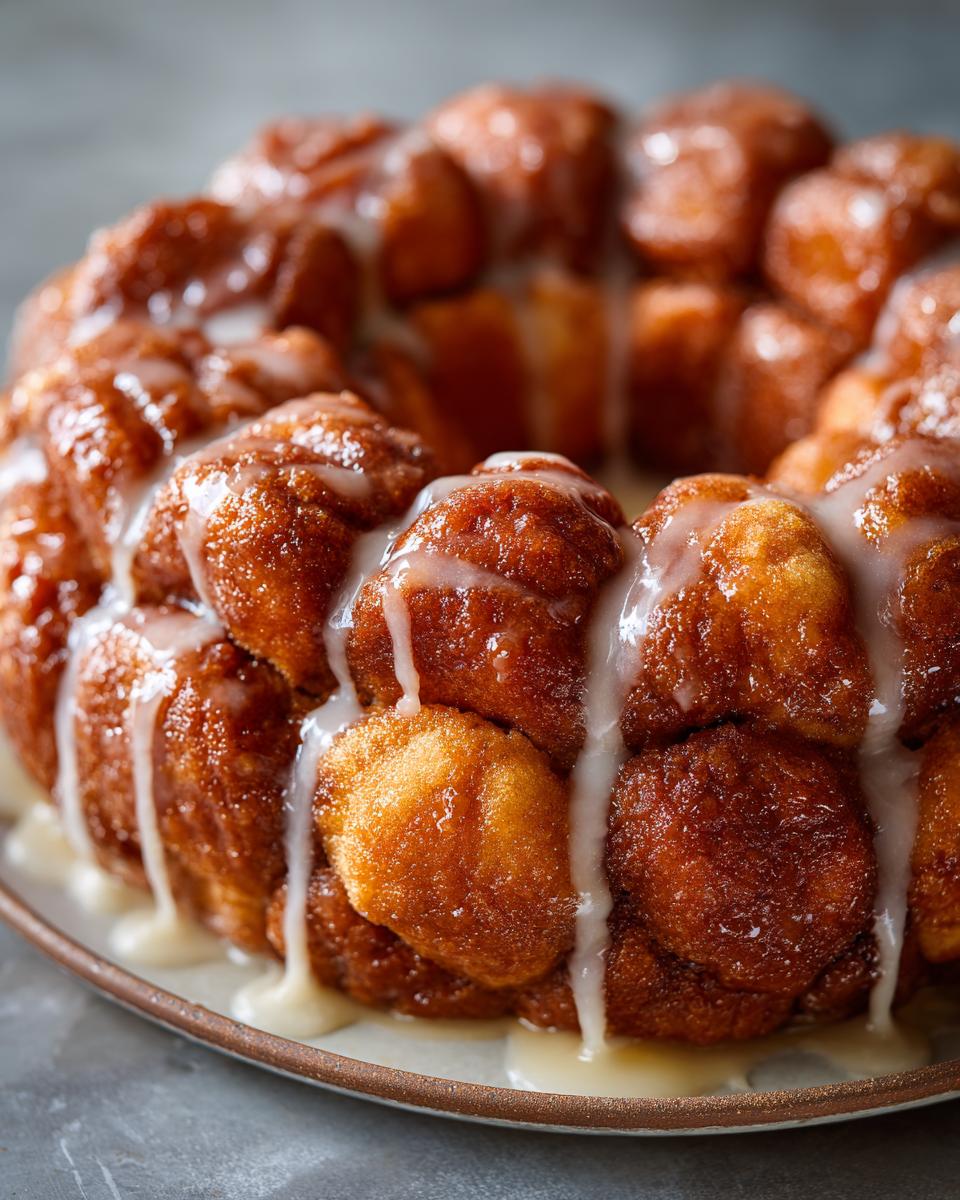 Close-up of a ring of golden brown sourdough discard monkey bread drizzled with a sweet glaze.