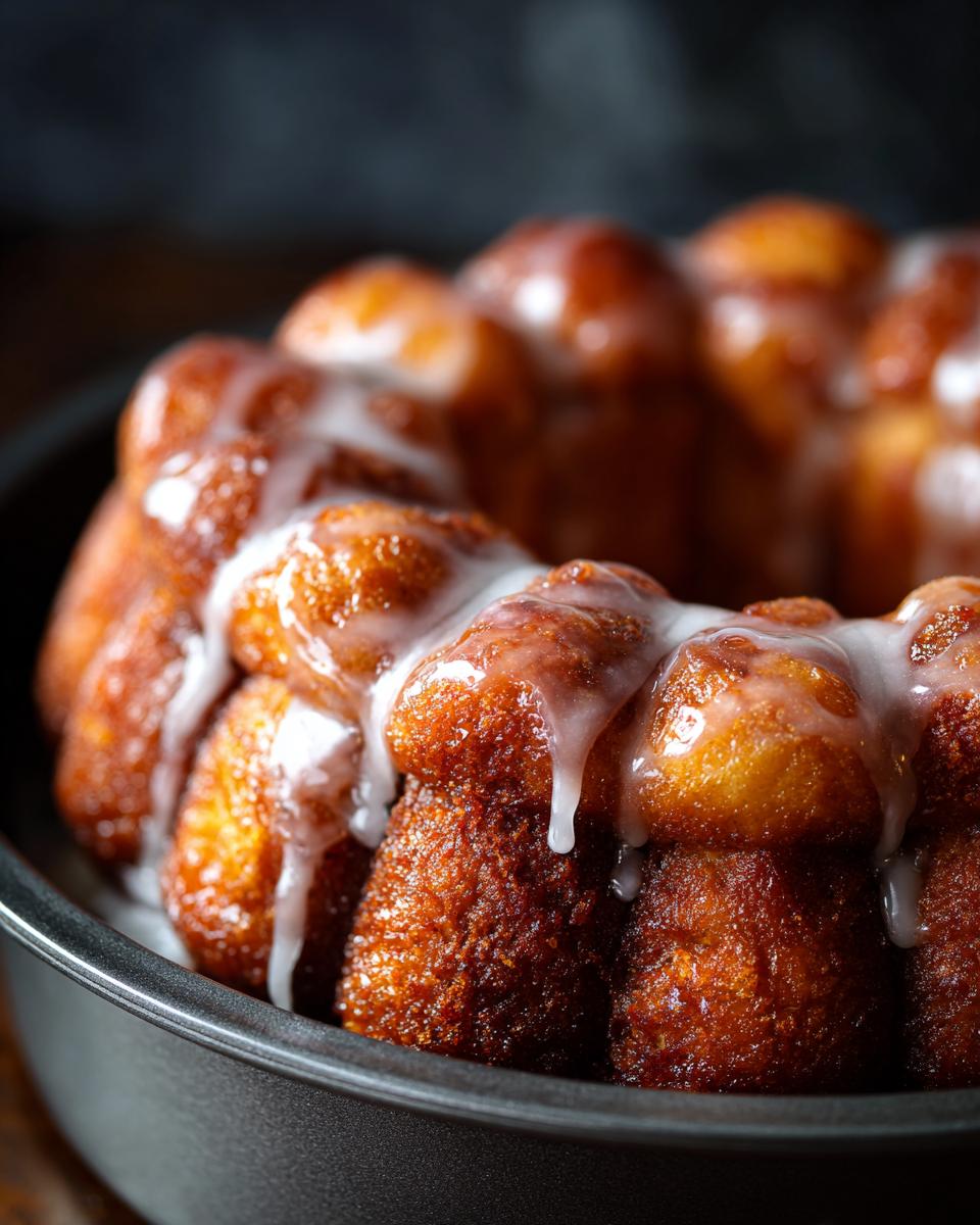 Close-up of a golden-brown sourdough discard monkey bread in a baking pan, drizzled with white glaze.