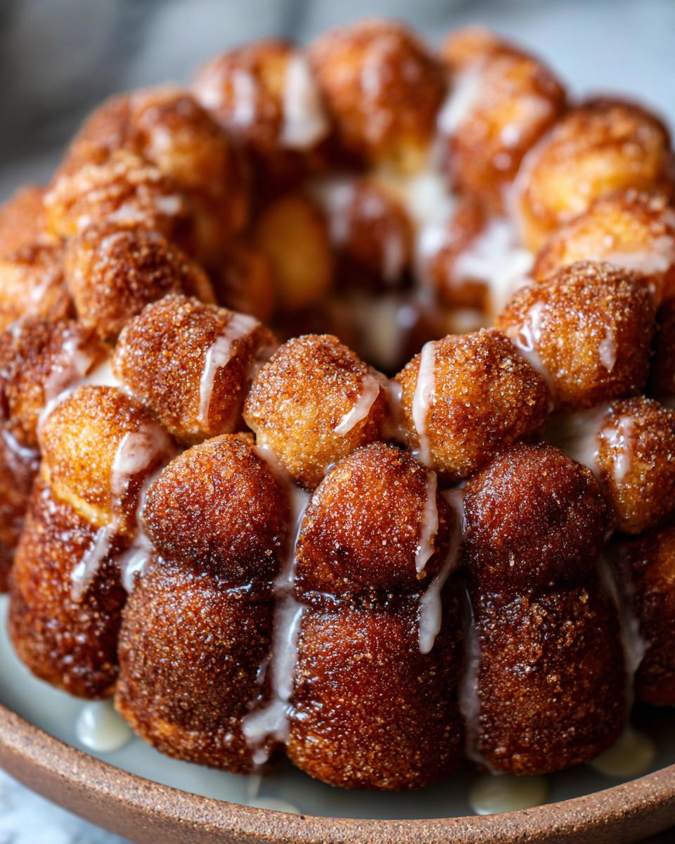 Close-up of Sourdough Discard Monkey Bread drizzled with glaze on a plate.