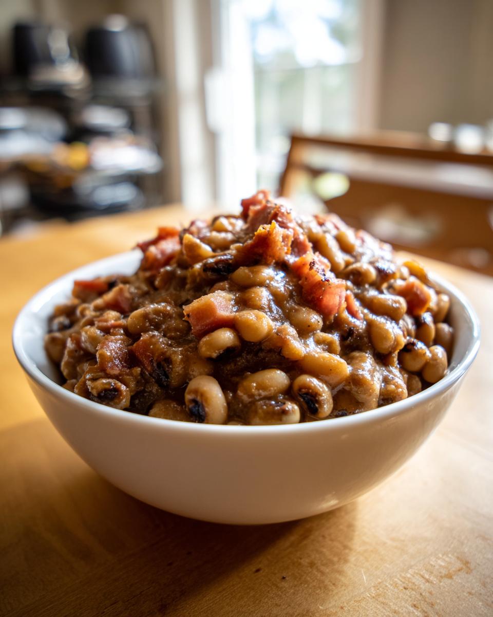 A close-up of a white bowl filled with savory black eyed peas cooked with chunks of ham or bacon.