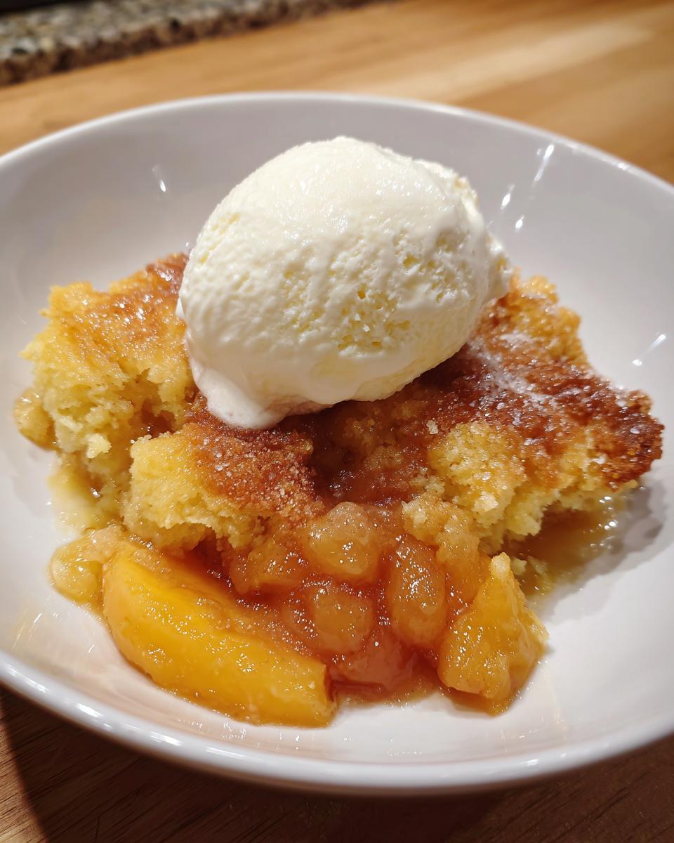 A warm serving of southern peach cobbler topped with a scoop of melting vanilla ice cream in a white bowl.