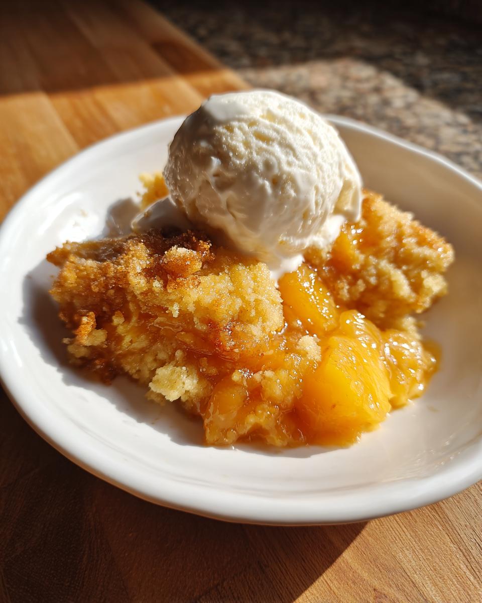 A warm serving of southern peach cobbler topped with a scoop of melting vanilla ice cream in a white bowl.