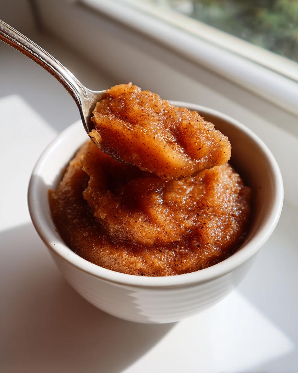 A spoonful of rich, spiced homemade applesauce being lifted from a white bowl near a window.