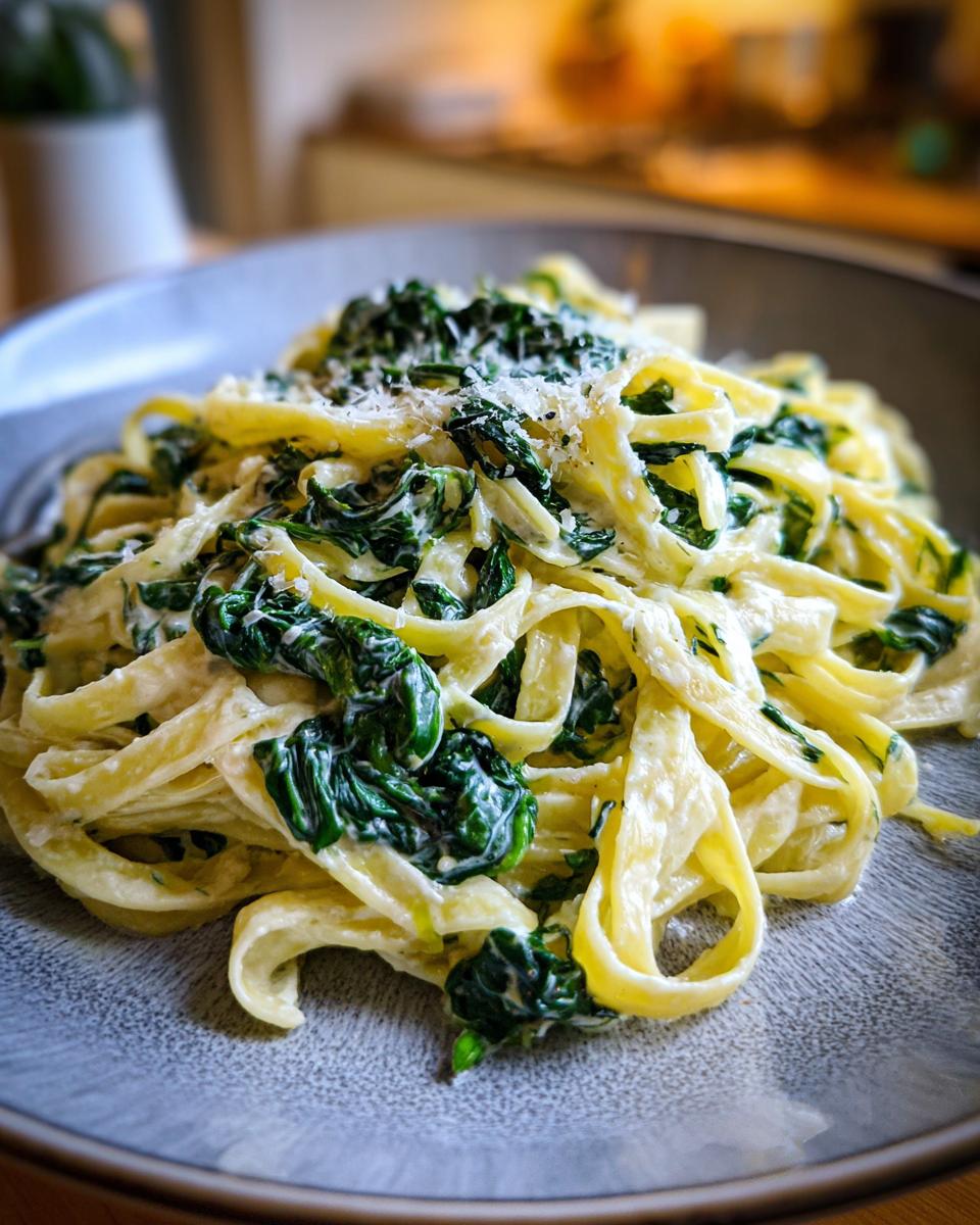 Close-up of creamy spinach alfredo pasta with fettuccine noodles and grated parmesan cheese.