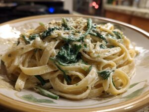 Close-up of a serving of spinach alfredo pasta with fettuccine noodles and creamy sauce.