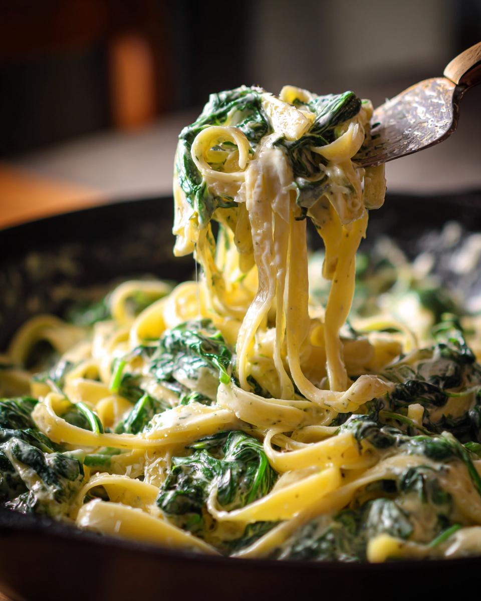 A fork twirls a generous portion of creamy spinach alfredo pasta, showing fettuccine noodles coated in rich alfredo sauce and wilted spinach.