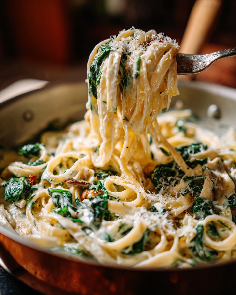 A fork lifts a generous portion of creamy spinach alfredo pasta, topped with grated Parmesan cheese.