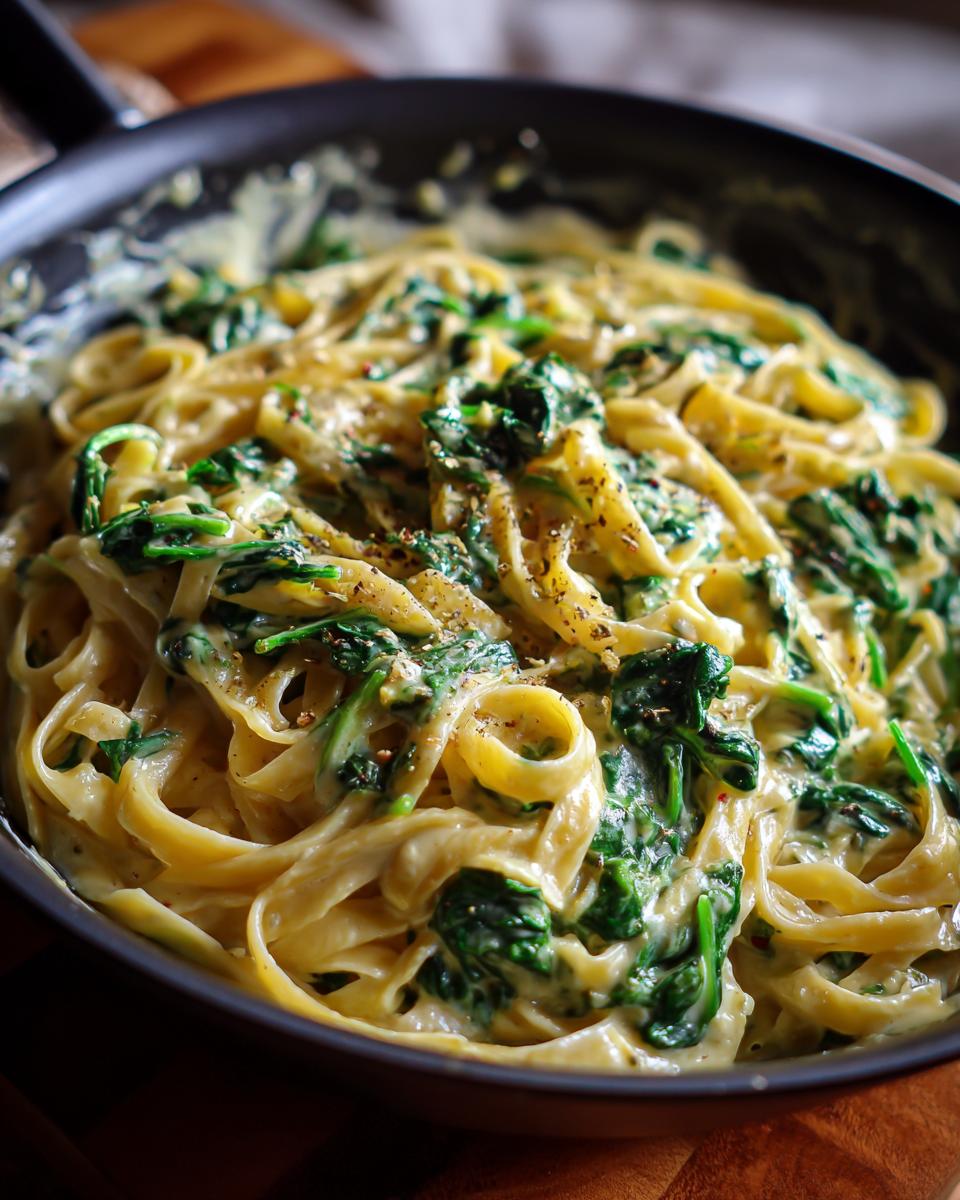 Close-up of creamy spinach alfredo pasta with fettuccine noodles and wilted spinach in a black skillet.