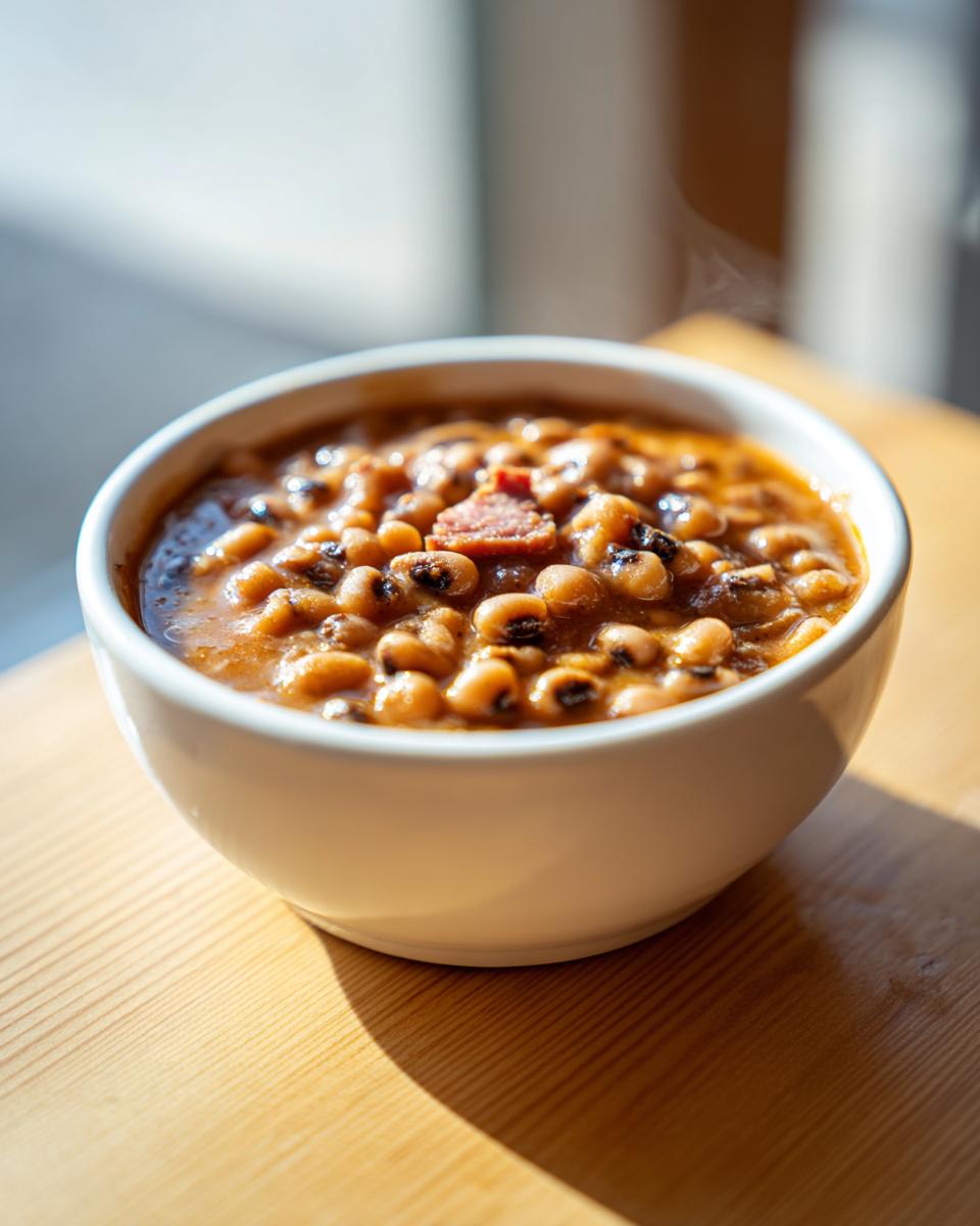 A close-up of a white bowl filled with steaming, savory black eyed peas cooked with a piece of smoked meat.