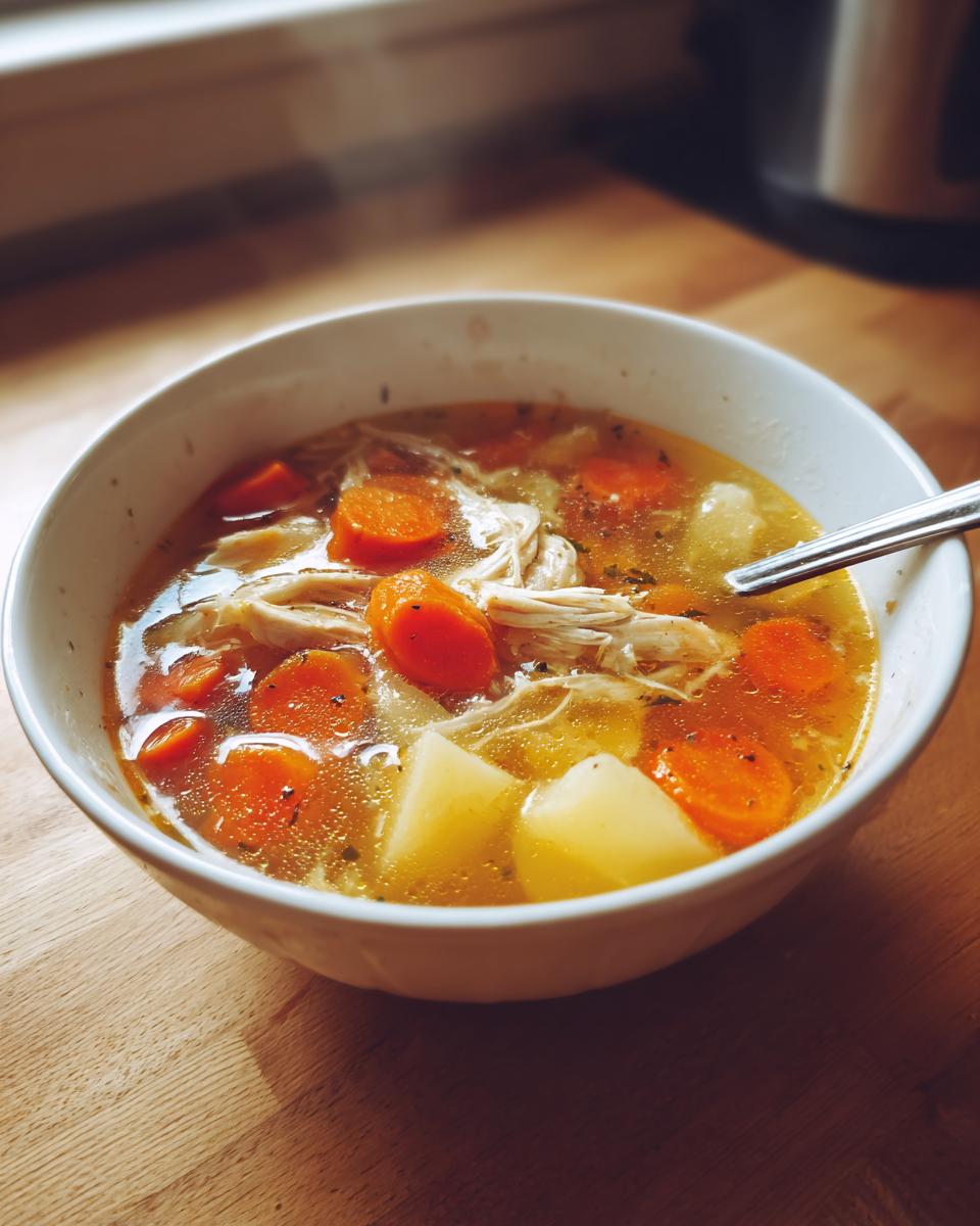 Close-up of a steaming white bowl filled with flavorful chicken vegetable soup, featuring shredded chicken, carrots, and potatoes.