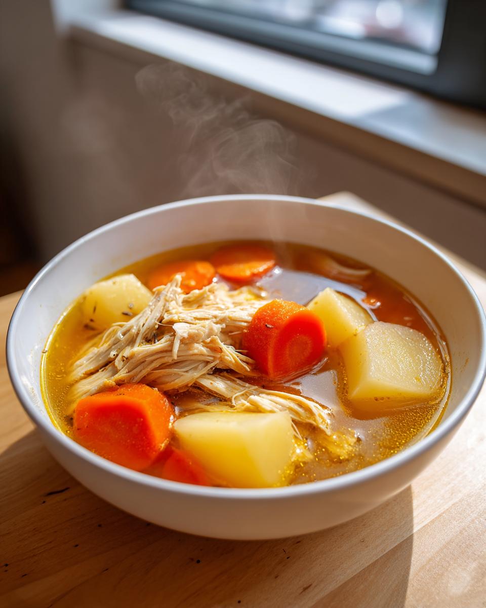 Close-up of a steaming white bowl filled with hearty chicken vegetable soup, featuring shredded chicken, large chunks of carrots, and potatoes.