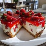 A delicious strawberry pretzel pie, cut to show a creamy white filling and a pretzel crust, topped with fresh strawberries and red jelly.