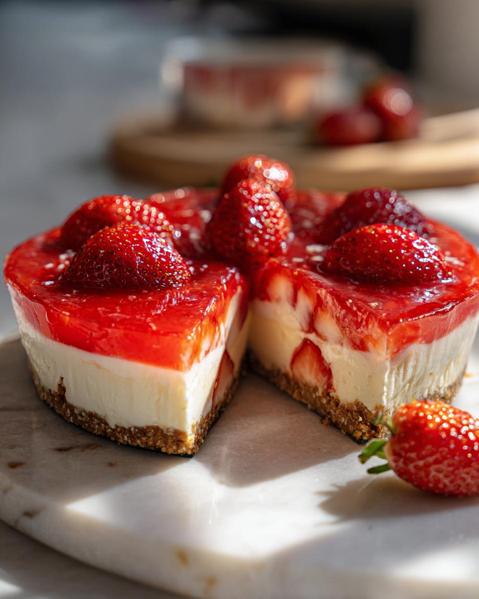 A slice of strawberry pretzel pie topped with fresh strawberries and a glistening red glaze.