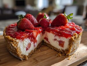 A slice of strawberry pretzel pie topped with fresh strawberries and strawberry glaze, showing the creamy filling and pretzel crust.