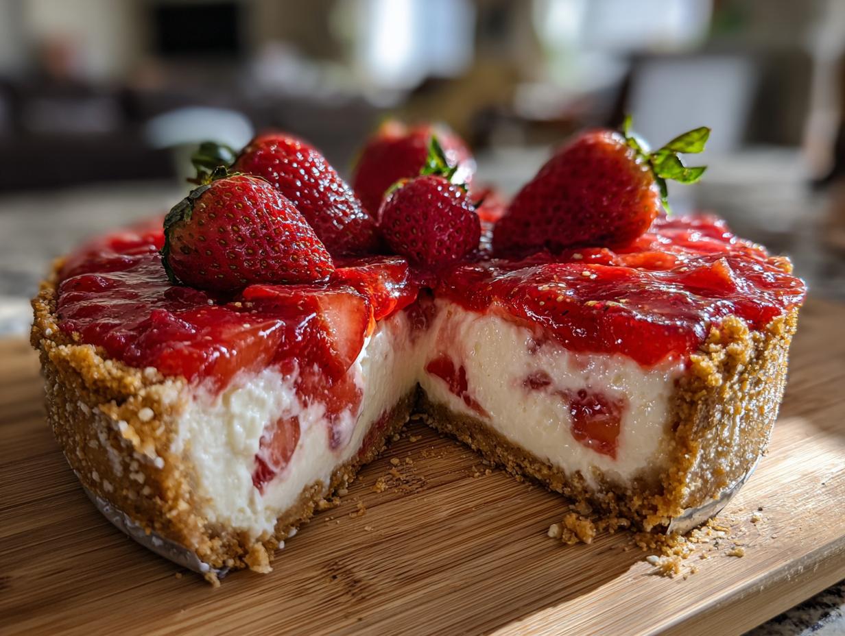 A slice of strawberry pretzel pie topped with fresh strawberries and strawberry glaze, showing the creamy filling and pretzel crust.