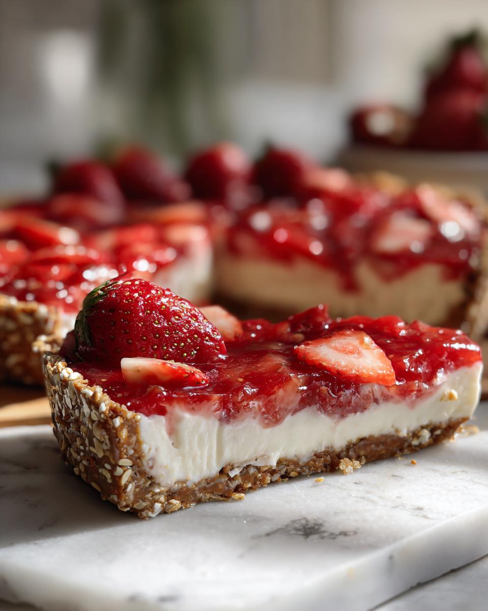 A close-up shot of a slice of strawberry pretzel pie, showcasing its creamy filling, strawberry topping, and pretzel crust.