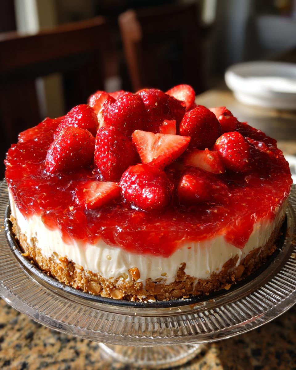 A whole strawberry pretzel pie on a glass cake stand, generously topped with fresh strawberries and strawberry glaze.