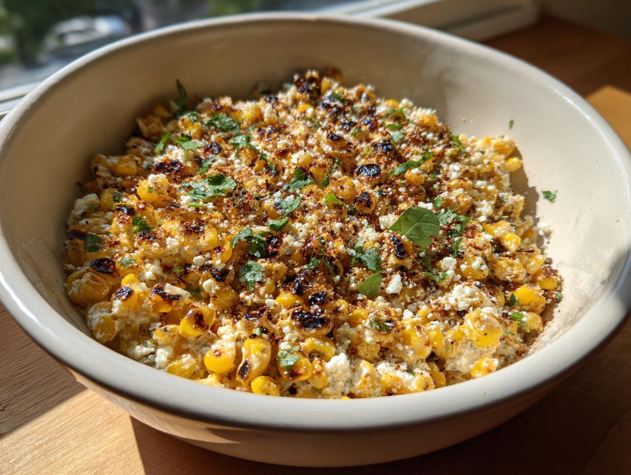 Close-up of a creamy street corn dip in a bowl, topped with crumbled cheese and cilantro.