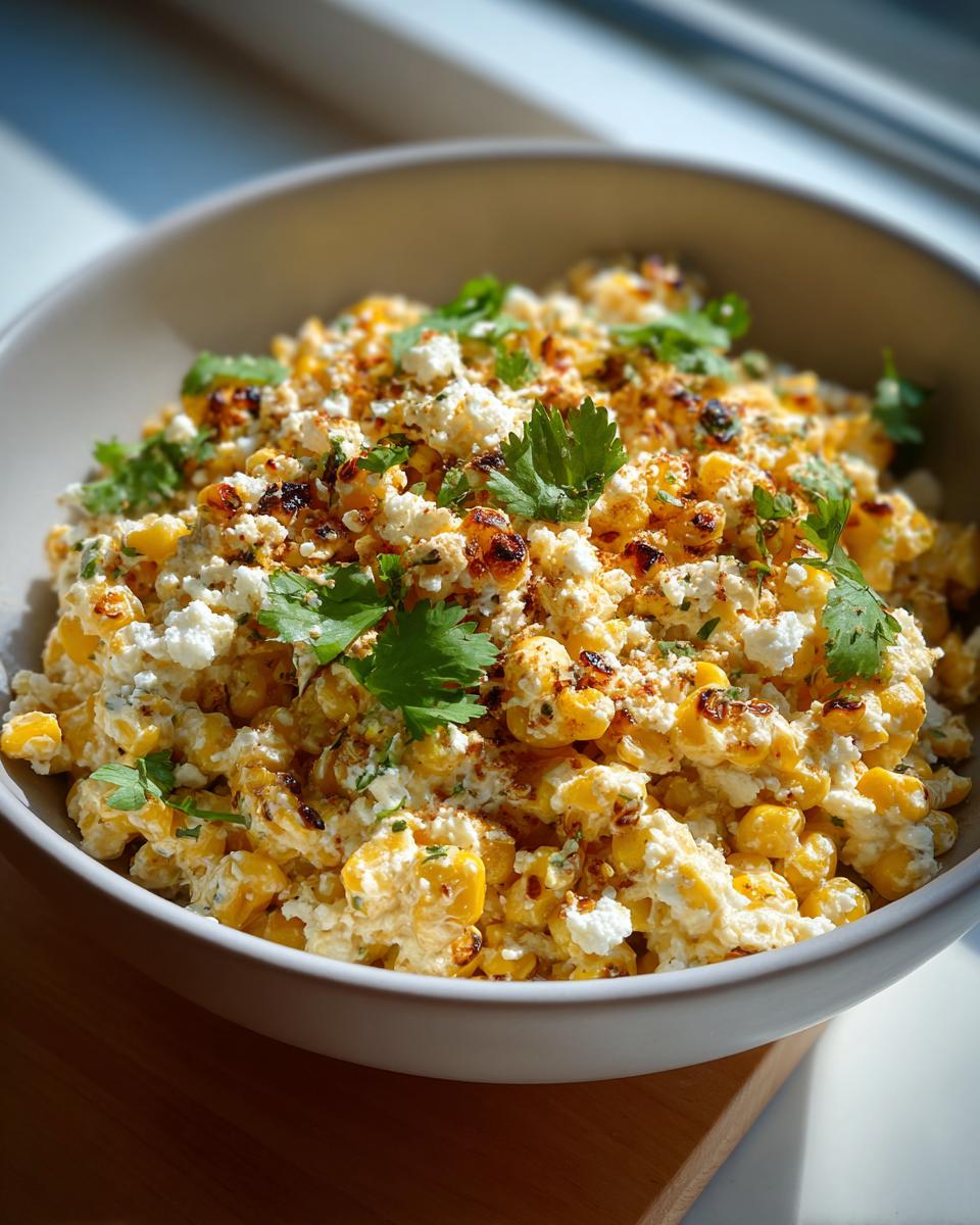 Close-up of a bowl of creamy street corn dip, topped with crumbled white cheese and fresh cilantro.