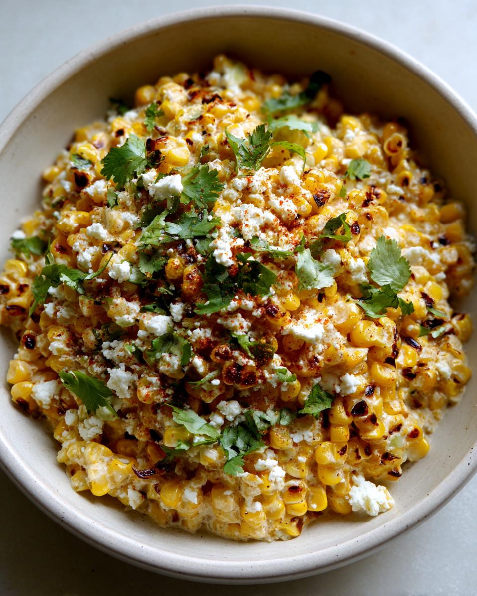 Close-up of a bowl of creamy street corn dip topped with crumbled cheese, fresh cilantro, and a sprinkle of chili powder.