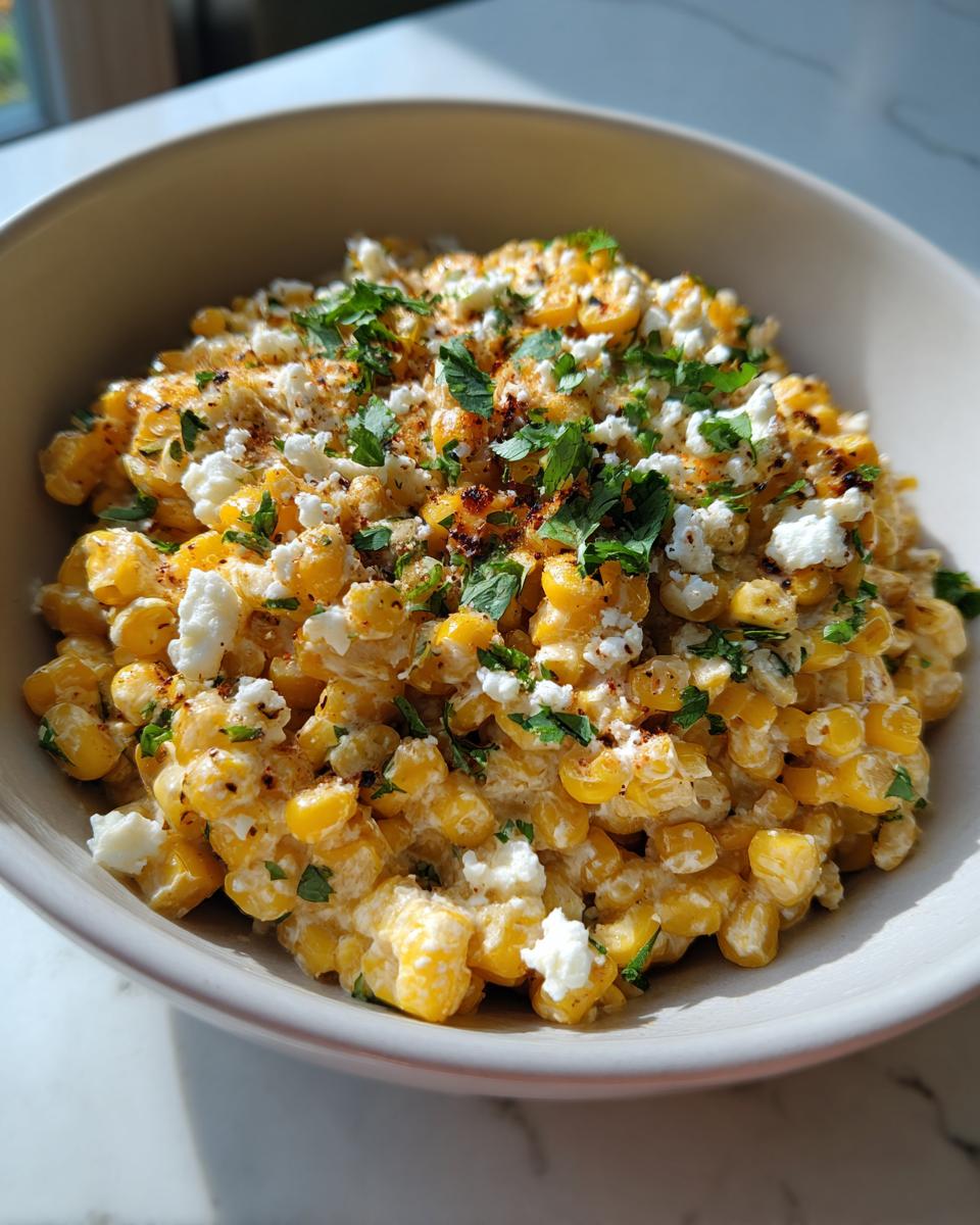 A close-up of delicious street corn dip, featuring creamy corn kernels, crumbled cotija cheese, and fresh cilantro.