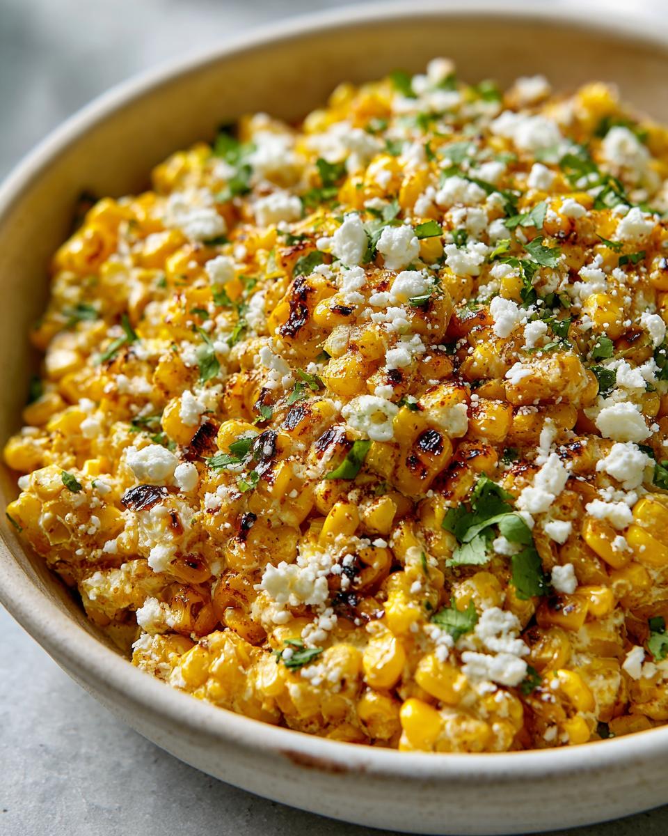 A close-up of creamy street corn dip topped with crumbled feta cheese and fresh cilantro.