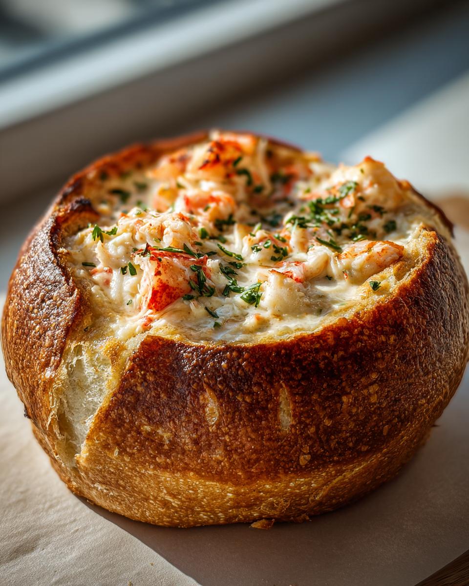 A golden-brown bread bowl overflowing with creamy stuffed seafood filling and topped with fresh herbs.
