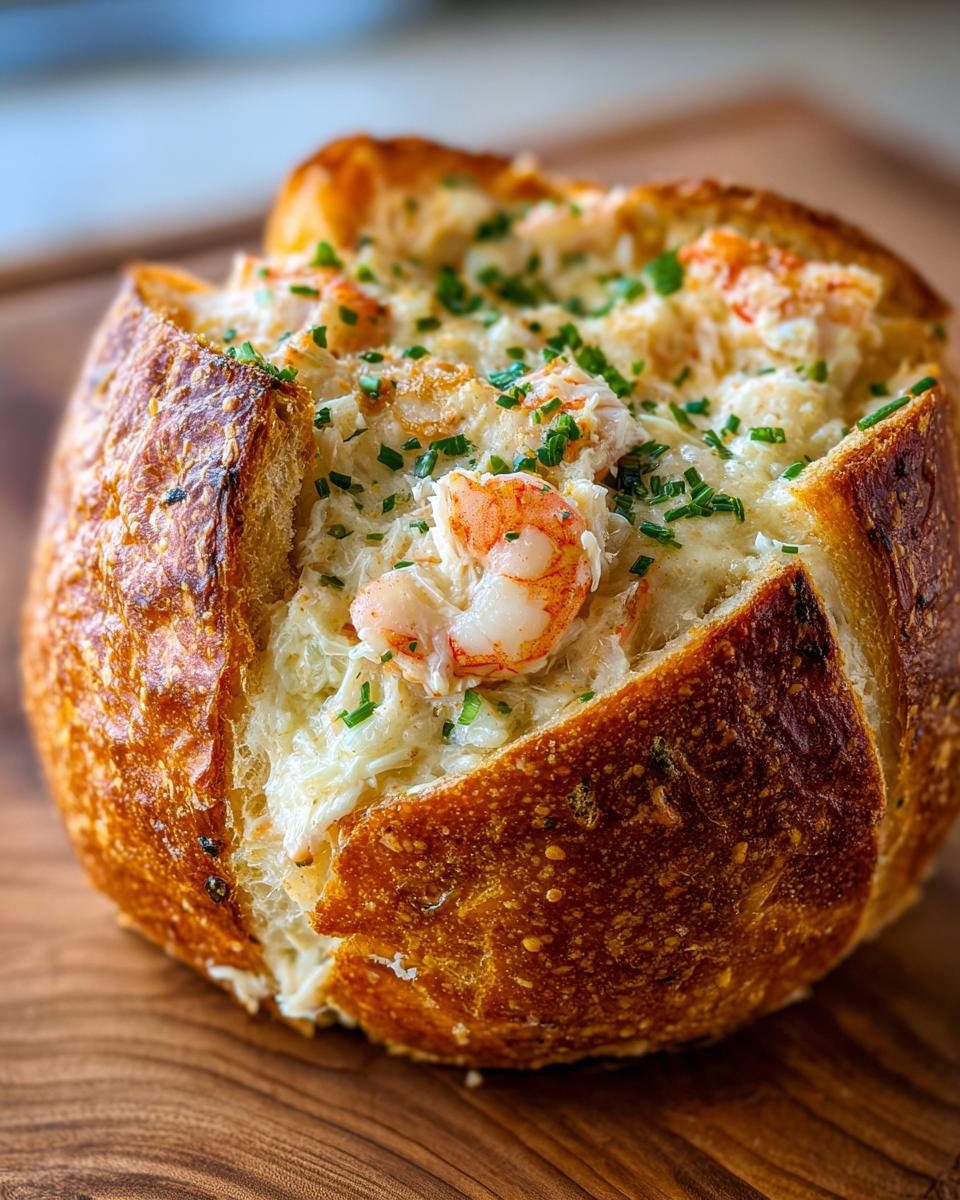 Close-up of a golden-brown stuffed seafood bread bowl filled with creamy seafood mixture and topped with shrimp and chives.